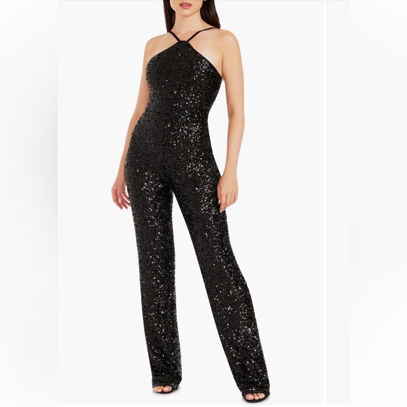 Dress the Population Pants - Dress the Population Darian Sequins Halter Black Jumpsuit Medium
